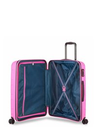 Pink hardshell suitcase with a zippered closure, navy interior, cross straps, and a mesh pocket. Inline wheels and retractable handle included.