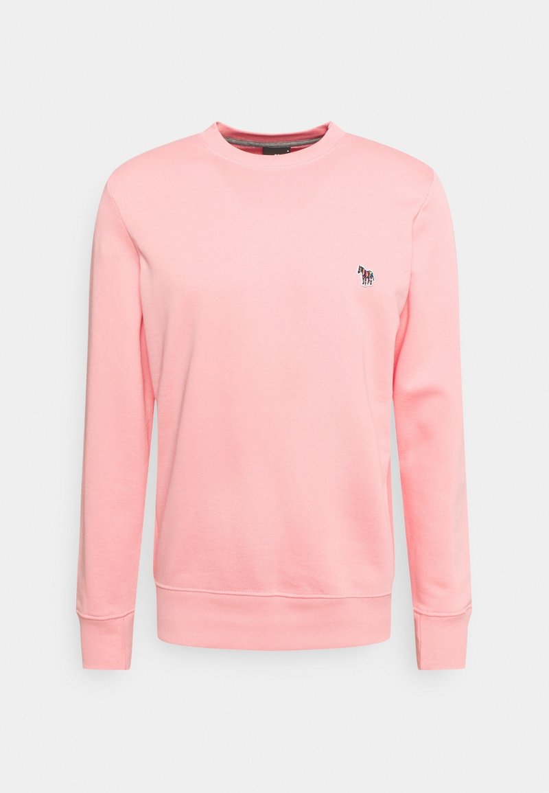 Rosa sweatshirt i mjukt tyg, med rund halsringning, långa ärmar och en liten flerfärgad hästlogga på bröstet.