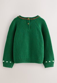 Pull vert en maille avec encolure ronde, orné d'une bordure rouge et de trois points blancs sur chaque manche, complété par deux boutons verts à l'arrière.