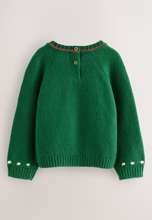 Groene gebreide trui met een ronde hals, voorzien van een rode bies en drie witte stippen op elke mouw, afgewerkt met twee groene knopen aan de achterkant.