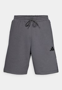Grå atletiske shorts med elastisk talje og snøre, med et sort Adidas-logo på venstre ben.