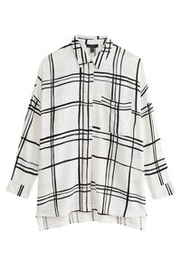 Camicia abbottonata a maniche lunghe, tessuto bianco con un motivo a quadri neri. Presenta una tasca sul petto e un orlo curvo. Texture morbida.
