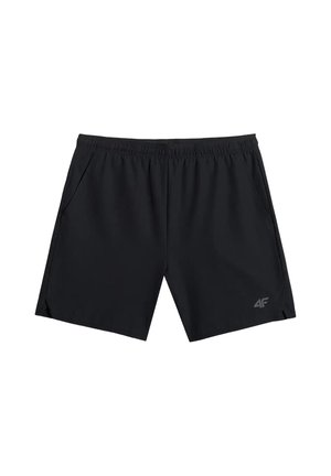 Pantalones cortos deportivos negros con cintura elástica, bolsillos laterales, pequeño logo de la marca en la pierna izquierda y paneles de malla ventilados en los laterales.