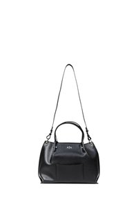 Borsa a mano in pelle nera con forma strutturata, dotata di doppi manici, una lunga tracolla regolabile e una tasca frontale. Dettagli in metallo argentato.