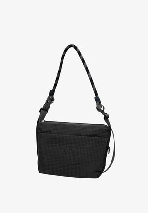 Sac bandoulière rectangulaire noir en tissu texturé, avec bandoulière réglable et logo "GMV" subtil à l'avant.