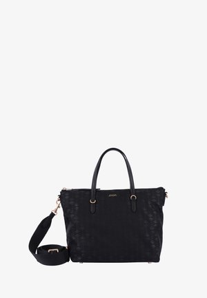 Schwarze Handtasche mit strukturiertem Blumenmuster, doppelten Griffen, abnehmbarem Tragegurt und goldfarbenen Beschlägen. Reißverschluss oben.