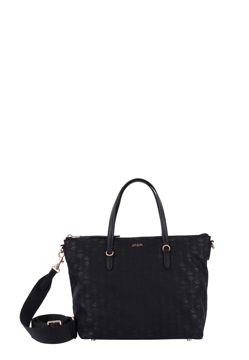 Borsa a mano nera con motivo floreale testurizzato, doppi manici, tracolla removibile e dettagli in metallo dorato. Chiusura con zip nella parte superiore.