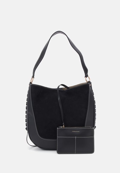 Black suede hobo bag with a textured finish and leather side panel. Includes a detachable matching card holder with visible stitching accents.