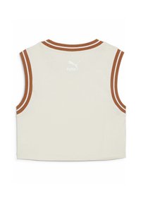 Top corto bianco senza maniche in cotone, con sottili accenti a righe marroni sul collo e sulle aperture delle braccia, e un piccolo logo Puma sulla schiena.
