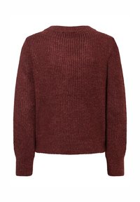Burgunderfarbener Strickpullover mit gerippter Textur, Rundhalsausschnitt und langen Ärmeln. Das Design bietet eine boxy Passform und dezente Details an den Schultern.