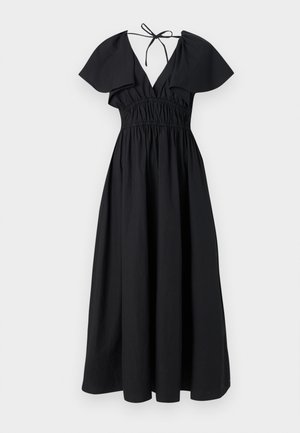 Robe maxi noire avec un décolleté en V profond, taille smockée et manches larges et évasées. Fabriquée dans un tissu à texture lisse et de couleur unie.
