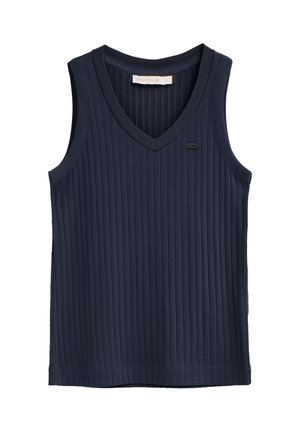 Débardeur en tricot côtelé bleu marine sans manches avec col en V, petite étiquette logo sur la poitrine gauche, étiquette de marque à l'intérieur du col.