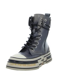 High-top navy leather boot with a chunky rubber sole. Features white toe cap, silver hardware, and embossed "LOVE NEVER CHANGES" detail.