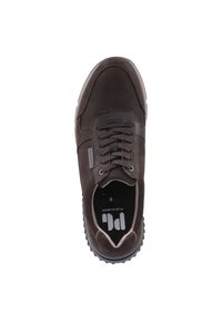 Brown leather sneaker with lace-up closure, rounded toe, contrasting sole, and textured accents. Features a padded collar and insole.