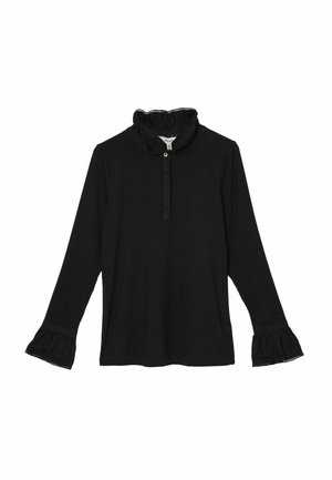Schwarzes Langarmoberteil mit Rüschekragen, Knopfverschluss und ausgestellten Ärmeln, die einen strukturierten Saum und feine Verzierungen aufweisen.