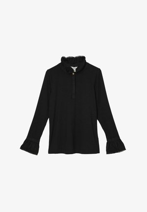 Schwarzes Langarmoberteil mit Rüschekragen, Knopfverschluss und ausgestellten Ärmeln, die einen strukturierten Saum und feine Verzierungen aufweisen.