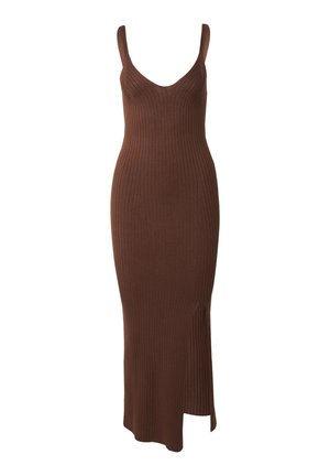Brown ribbed knit dress with a slim fit, featuring spaghetti straps and a side slit at the hem for added detail and ease of movement.