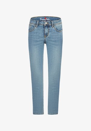 Lichtblauwe slim-fit spijkerbroek met knoop aan de voorkant, lussen voor een riem en vijf zakken, met het merk "Buena Vista" op de binnenband.