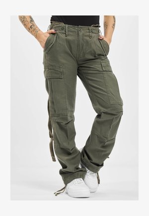 Olivgrüne Cargo-Hosen mit mehreren Taschen, Kordelzugbund und lockerer Passform. Der Stoff hat eine weiche Textur und wirkt robust und langlebig.
