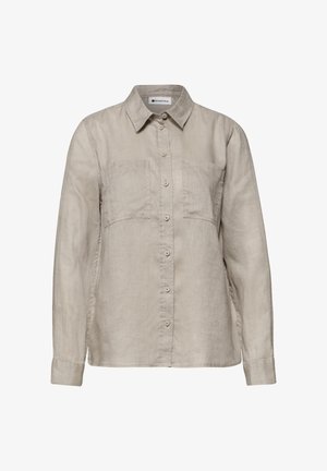 Beige overhemd met lange mouwen, knopen, twee borstzakken en een puntige kraag, gemaakt van lichtgewicht stof.