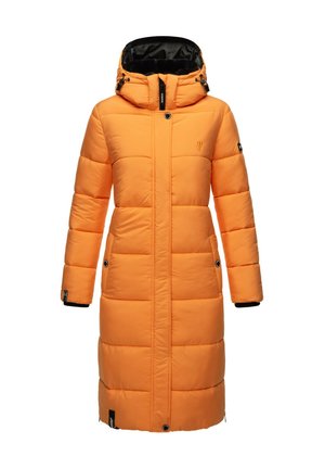 Langer, gepolsterter, orangefarbener Wintermantel mit Kapuze, Frontreißverschluss, Druckknöpfen und Seitentaschen, entwickelt für kaltes Wetter.