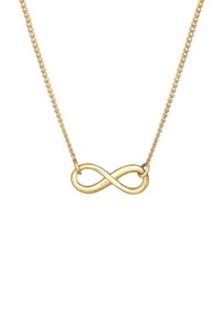 Collana tono oro con pendente a simbolo dell'infinito. La catena è intrecciata, aggiungendo texture, mentre il pendente ha una finitura liscia.