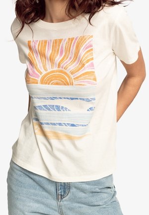 White cotton t-shirt featuring a colorful graphic design of a sun in orange and pink, with blue waves below. Short sleeves and crew neck.