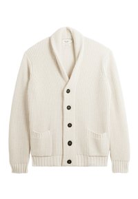 Cardigan en tricot de couleur crème avec un col châle, six boutons foncés, deux poches avant et des poignets et un ourlet côtelés.