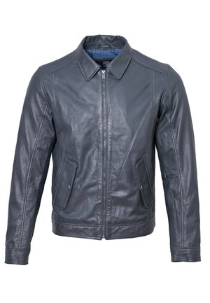 Donkergrijze leren jas met een rits aan de voorkant, puntige kraag, twee zijzakken en een soepele textuur. Van binnen heeft de jas een blauwe voering.