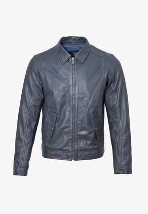 Donkergrijze leren jas met een rits aan de voorkant, puntige kraag, twee zijzakken en een soepele textuur. Van binnen heeft de jas een blauwe voering.