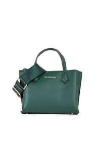 Sac à main en cuir vert avec une surface texturée, deux poignées, une bandoulière ajustable et des accents métalliques dorés. Logo affiché sur le devant.