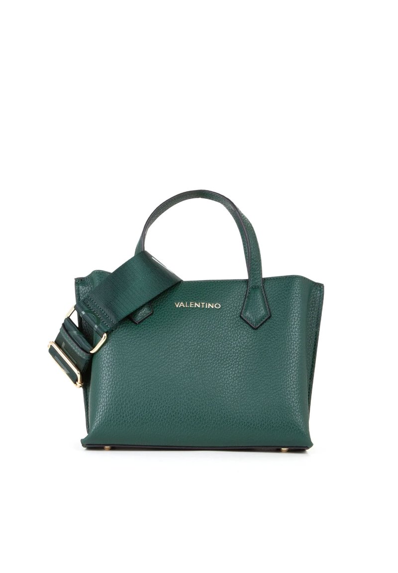 Sac à main en cuir vert avec une surface texturée, deux poignées, une bandoulière ajustable et des accents métalliques dorés. Logo affiché sur le devant.