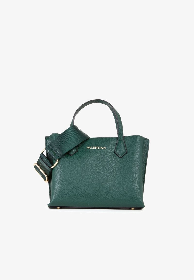 Sac à main en cuir vert avec une surface texturée, deux poignées, une bandoulière ajustable et des accents métalliques dorés. Logo affiché sur le devant.