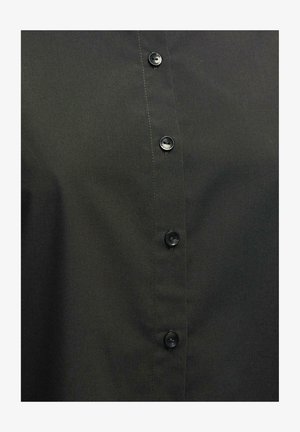 Zwarte overhemd met knopen, gemaakt van gladde stof met een strakke afwerking, met zwarte kunststof knopen aan de voorkant voor sluiting.