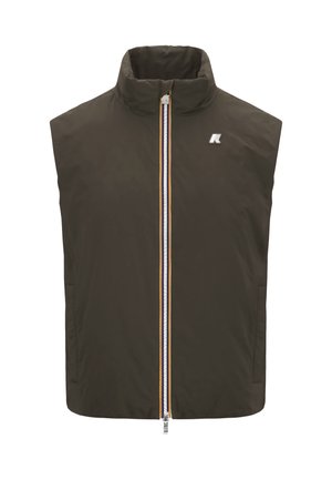Gilet marrone senza maniche con colletto alto, zip frontale con una striscia colorata e un piccolo logo sul lato sinistro superiore.
