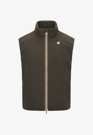 Gilet marrone senza maniche con colletto alto, zip frontale con una striscia colorata e un piccolo logo sul lato sinistro superiore.