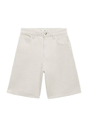 Light beige shorts with vertical pinstripes, featuring a button closure, five pockets, and a slightly relaxed fit. Cotton-blend fabric.