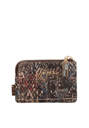 Piccolo portafoglio rettangolare con motivo a pois multicolore, logo "Anekke" dorato, dettagli cuciti e zip con ciondolo a forma di casa.
