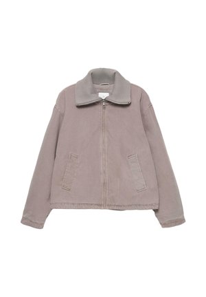 Jachetă din bumbac gri deschis, cu guler ribbed, fermoar frontal și două buzunare laterale. Are o croială lejeră și un design minimal.