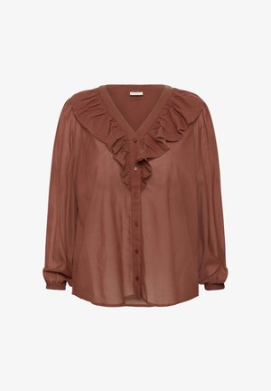 Roostepruun blouse, mis on valmistatud kergest kangast, omab V-kaelust, volangkrae, pikkade varrukate kogutud mansettidega ja nööpide eest.