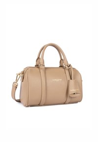 Beige leather handbag with textured surface, dual handles, detachable strap, gold hardware accents, and embossed logo detail.