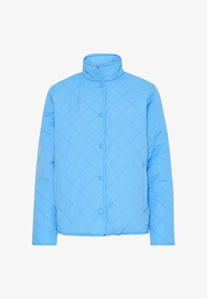 Ljusblå quiltad jacka med hög krage, framknappar med tryckknappar och sneda sidofickor. Slät tygstruktur med diamantmönster över hela.