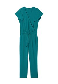 Jumpsuit corto teal a maniche corte con top stile avvolto, vita con nastro e design a gamba dritta. Realizzato in tessuto liscio con una texture leggera.