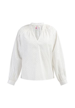 Biała bluzka z dekoltem w serek, długimi bufkami oraz plisowanymi detalami. Posiada subtelne teksturowane paski i małe metaliczne akcenty.
