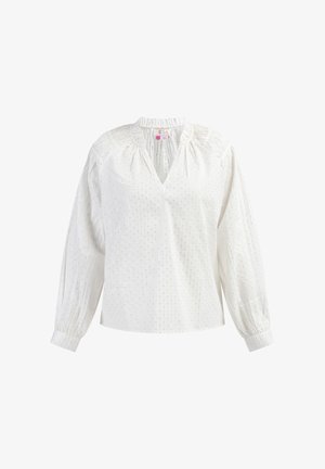 Biała bluzka z dekoltem w serek, długimi bufkami oraz plisowanymi detalami. Posiada subtelne teksturowane paski i małe metaliczne akcenty.