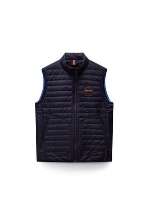 Chaleco negro acolchado sin mangas con cremallera frontal, dos bolsillos con cremallera y un pequeño parche con logo circular en el pecho izquierdo.