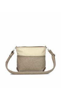 Borsa a tracolla beige e taupe con tracolla regolabile, chiusura con cerniera e tasca frontale, realizzata in materiale di pelle testurizzata.