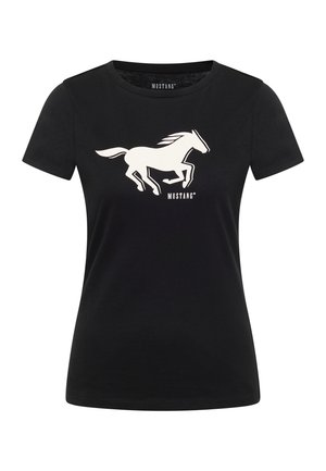 Camiseta negra de manga corta con un gráfico blanco de un caballo corriendo y el texto "MUSTANG" centrado en el pecho.