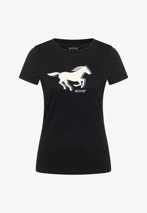 T-shirt noir à manches courtes avec un motif blanc de cheval au galop et le texte "MUSTANG" centré sur la poitrine.