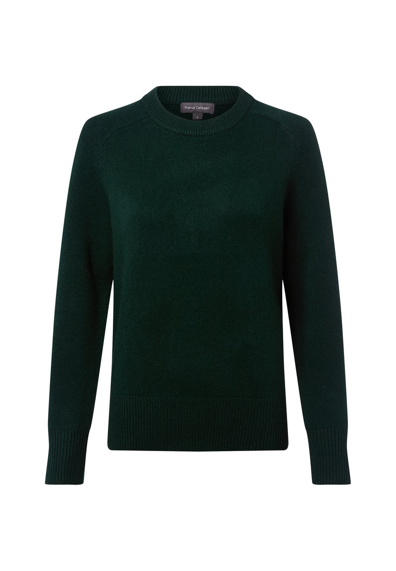 Pull en tricot vert foncé avec des manches longues, un col rond et un ourlet côtelé. Texture lisse et design classique adapté à diverses occasions.